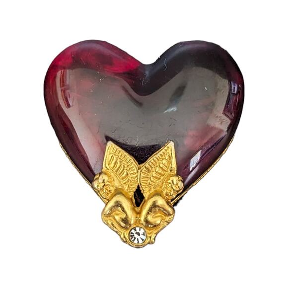 Vintage Givenchy Cherub Lucite Heart Brooch Jewelry RARE Rhinestone Pin Gold Red - Picture 5 of 14